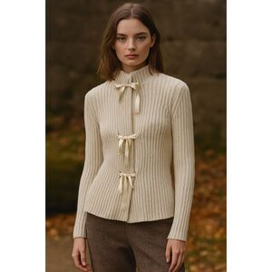 Fisherman Out of Ireland Lambswool Knit Ribbed Ribbon Tied Cardigan in Ecru S